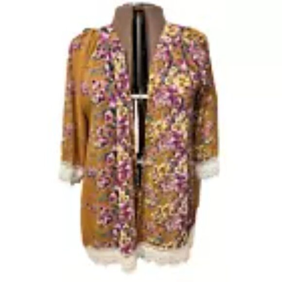 Unbranded. Sz S-M. Open Flyaway Chiffon Boho Cardigan Kimono. Lace Trim. B100 - Picture 1 of 7